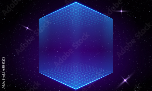Synthwave vaporwave retrowave cyber background with copy space, laser grid, starry sky, blue and purple glows with smoke and particles. Design for poster, cover, wallpaper, web, banner, etc.	