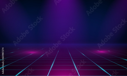 Synthwave vaporwave retrowave cyber background with copy space, laser grid, starry sky, blue and purple glows with smoke and particles. Design for poster, cover, wallpaper, web, banner, etc. 