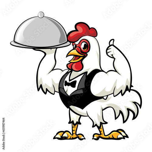isolated white rooster mascot waiter carrying dishes to be served