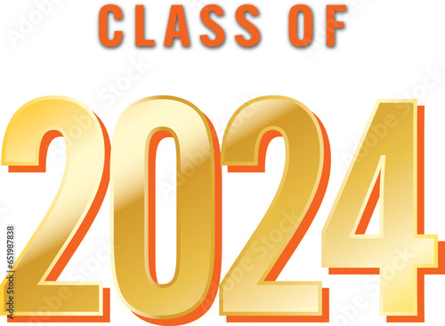 Class of 2024 text in Orange and Gold Metallic on White or Transparent Background with 3d Effect