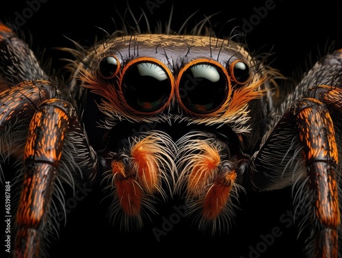 Close-up of a spider's head with large eyes and legs looking into the camera. Insect on a black background. Nature background. Illustration for cover, card, postcard, interior design, decor or print.