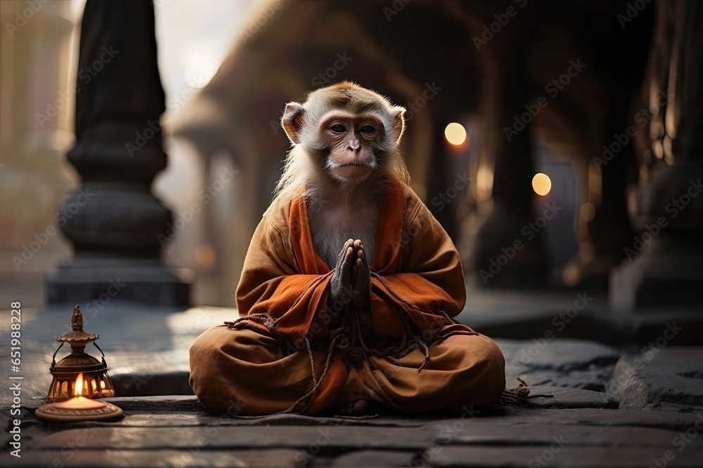 Monkey macaque sitting in classic yoga meditation pose, in a prayer position. - obrazy, fototapety, plakaty 