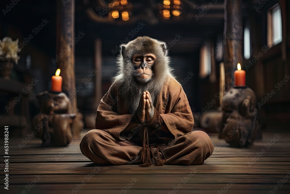 Monkey sitting in classic yoga meditation pose, closed eyes. - obrazy, fototapety, plakaty 