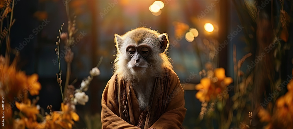 Monkey sitting calmness, with closed eyes, in a lotus pose at cozy place. - obrazy, fototapety, plakaty 