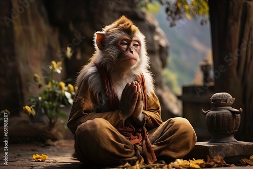 Monkey macaque sitting in classic yoga meditation pose, in a prayer position. © mitarart