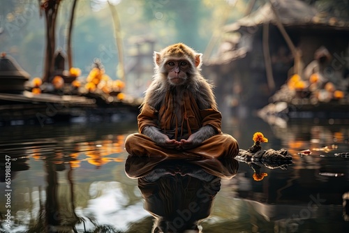 Monkey sitting in classic yoga meditation pose, closed eyes.