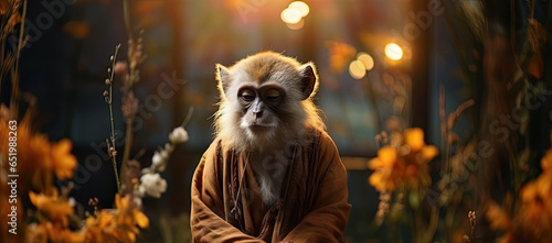 Monkey sitting calmness, with closed eyes, in a lotus pose at cozy place.