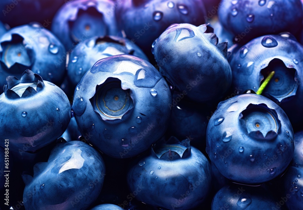 Water drops on ripe sweet blueberries berries. Fruit background. Food ecology and agriculture. Illustration for banner, poster, cover, brochure or presentation. - obrazy, fototapety, plakaty 