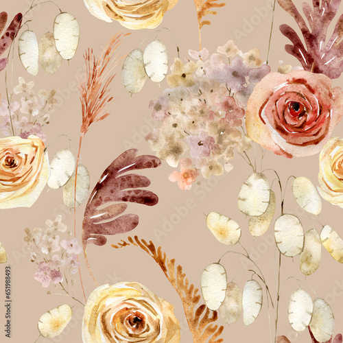 Watercolor boho beige dried flowers floral seamless pattern. Hand drawn botanical background. Repeatable texture, fashion, wrapping paper, stationery, fabric, paper, textile, surface
