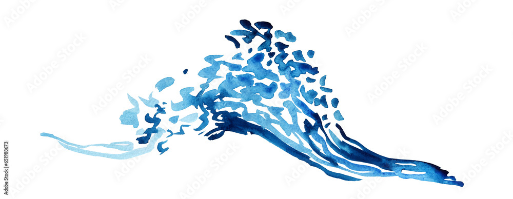 Blue waves tropical sea illustration. Watercolor brushstrokes, abstract water texture, splash isolated on white. Rough natural background.