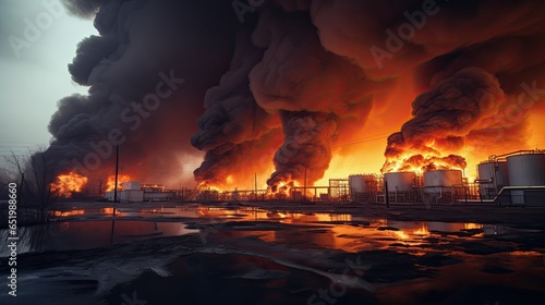 Oil storage fire. A metal industrial tank farm is on fire. Black smoke billows in the sky. Concept technogenic disaster and ecological catastrophy. Illustration for banner, poster or presentation. photo