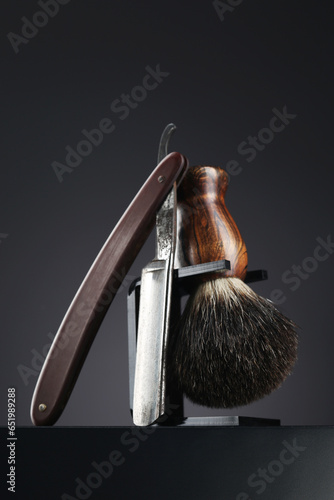 Shaving accessories for man on black background