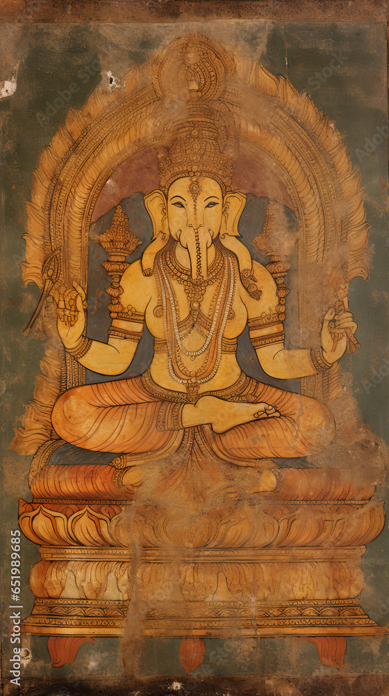 old vintage painting Ganesha, hindu.