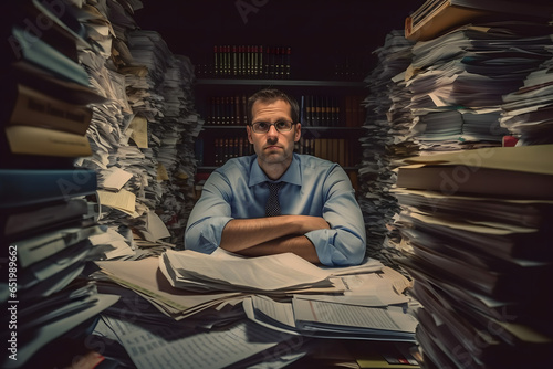worker with a lot of job, work, Officer meticulously reviewing a salaried person's adjusted gross income, surrounded by stacks of tax documents