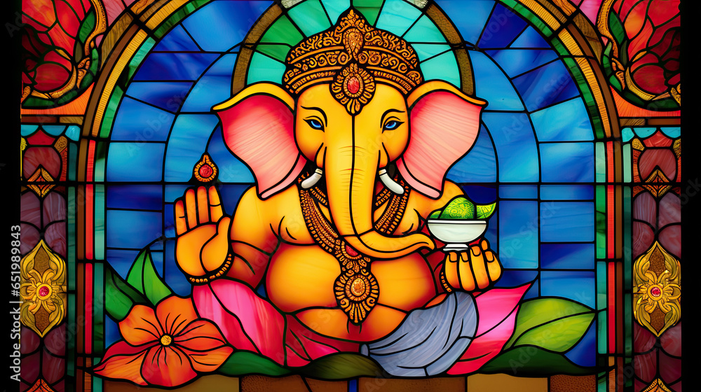 Ganesha stained glass window. Ganesha stained glass window.