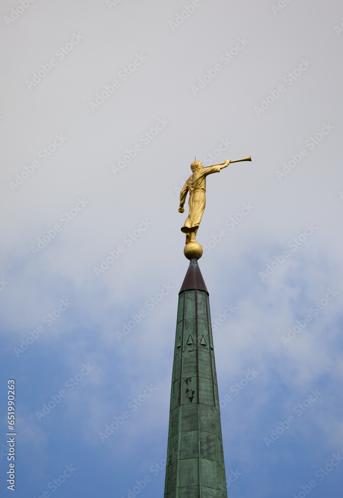 Moroni statue, golden, on top of LDS London temple