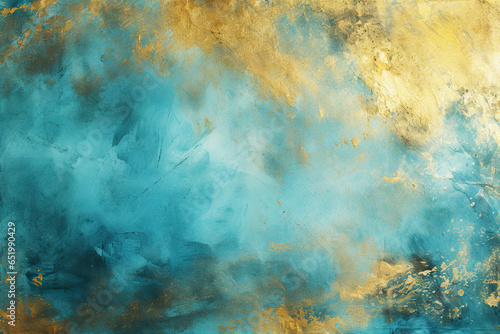 Abstract blue and gold background with stains and grunge texture.