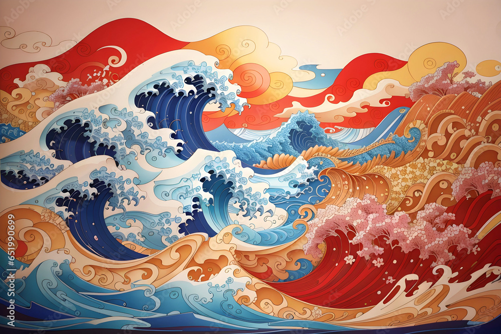 Colourful Japanese style sea waves