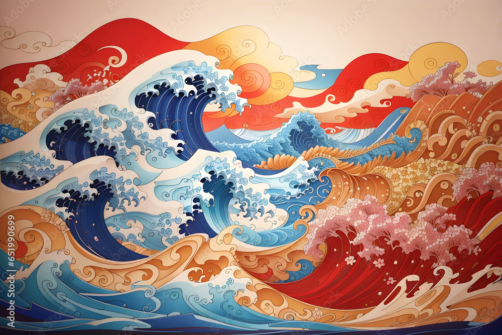 Colourful Japanese style sea waves Colourful Japanese style sea waves