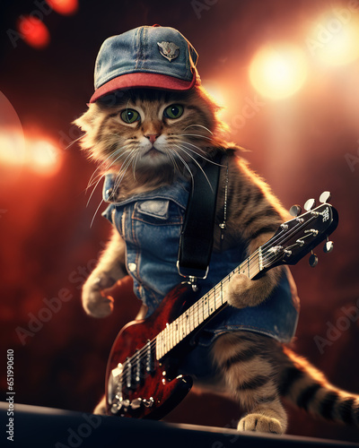 A cat that playing an electric guitar on stage at a rock concert © wiga