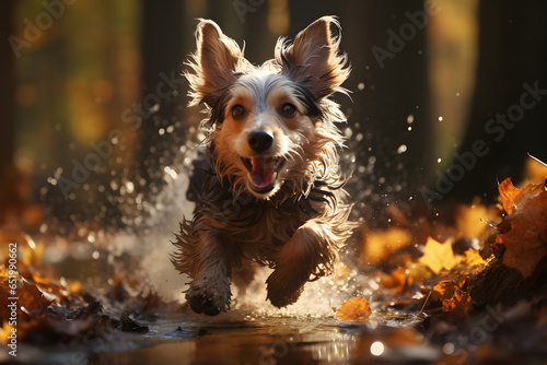running dog through the leaves