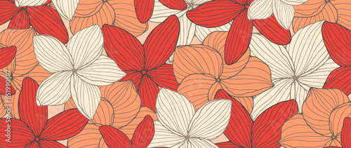 Bright floral background with red, beige and peach flowers. Vector background for decor, wallpaper, covers, cards and presentations.