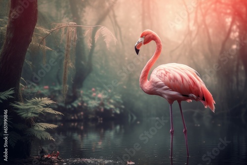Mystical Flamingo dreamy forest. Animal beauty. Generate Ai