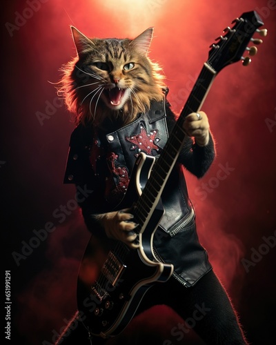 A cat dresses as angus young playing the guitar 