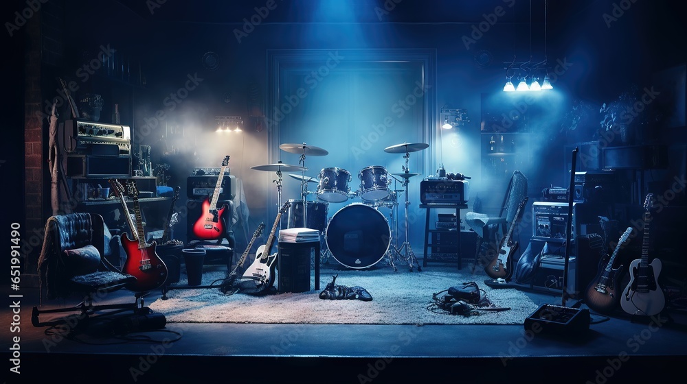 music room with guitars and drums - obrazy, fototapety, plakaty 