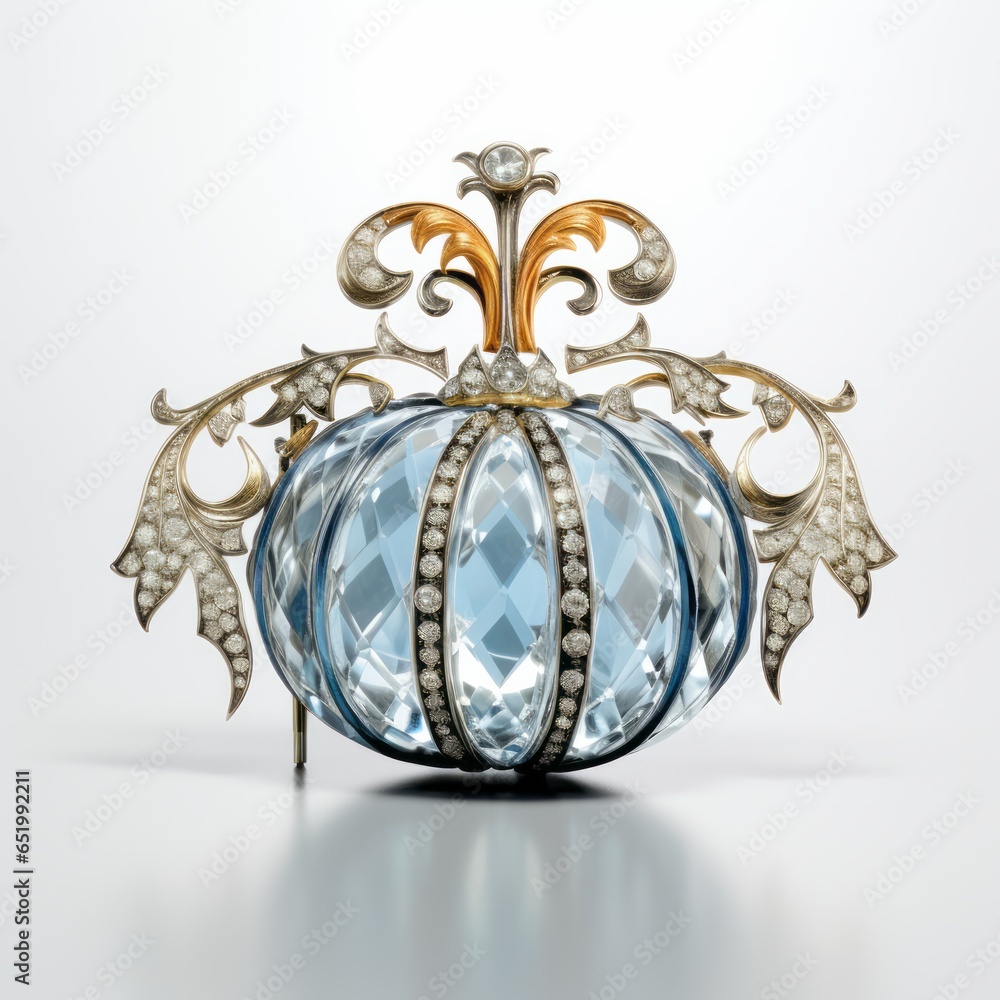 Art deco gold diamond and aquamarine brooch or pin in the shape of a Halloween pumpkin. Isolated on white background. Generative AI.
 - obrazy, fototapety, plakaty 