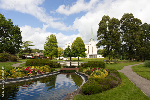 LDS temple in London park view, trees and lake