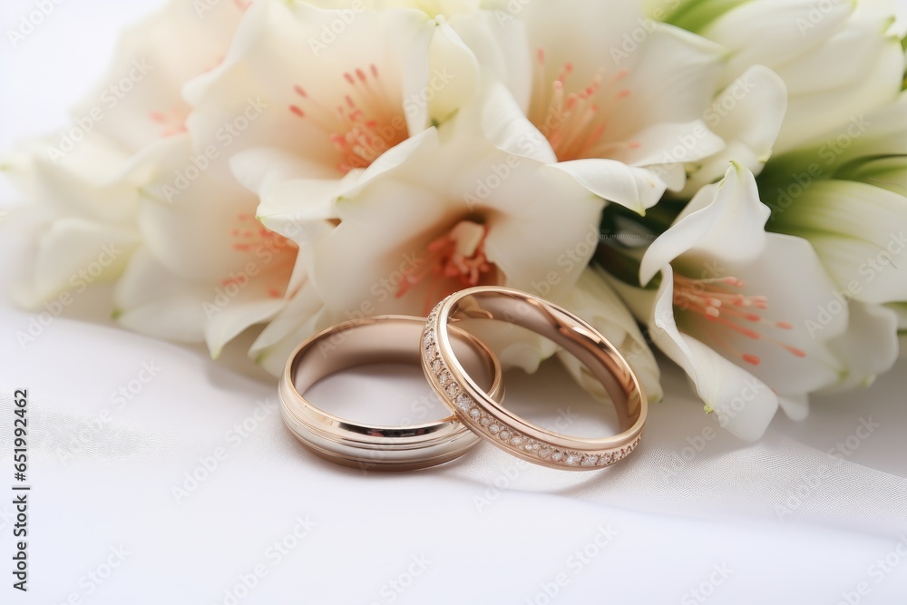 Two wedding rings and a bouquet of flowers close-up in light colors, wedding Two wedding rings and a bouquet of flowers close-up in light colors, wedding