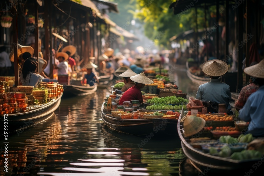 Fototapeta premium Picturesque Floating food market river. Canal river. Generate Ai