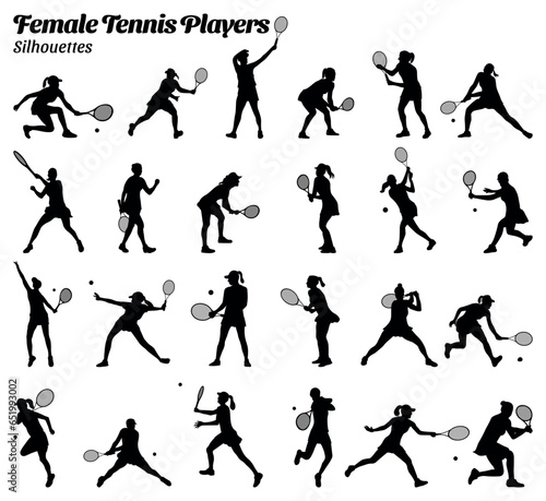 Collection of vector illustrations of tennis tournament silhouettes of female tennis sport players.