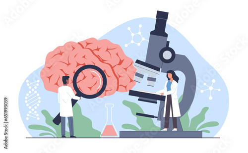 Brain diagnostics and research, doctors examine and consultation, analyze brain function. Neurology and psychology. Alzheimer and dementia disease. Cartoon flat isolated vector concept