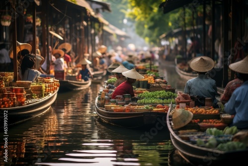 Picturesque Floating food market river. Canal river. Generate Ai © juliars
