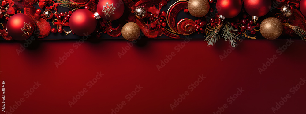 Overhead Opulence: Christmas Ornaments Against a Crimson Canvas Overhead Opulence: Christmas Ornaments Against a Crimson Canvas