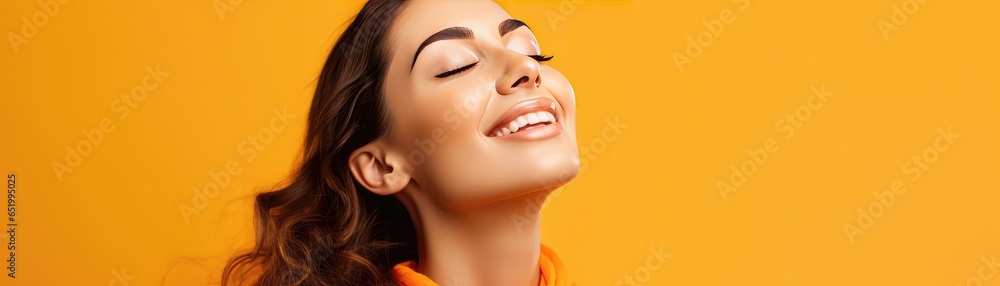 Beautiful Young Happy European Woman On Orange Background Panoramic Banner Beautiful Young Happy European Woman On Orange Background Panoramic Banner