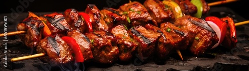 Anticuchos Grilled Skewered Meat, Peruvian Cuisine On Panoramic Banner photo