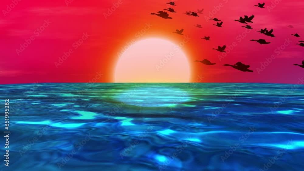 Birds Flying With Sun View Cartoon Animation, Blue Water Wave And ...