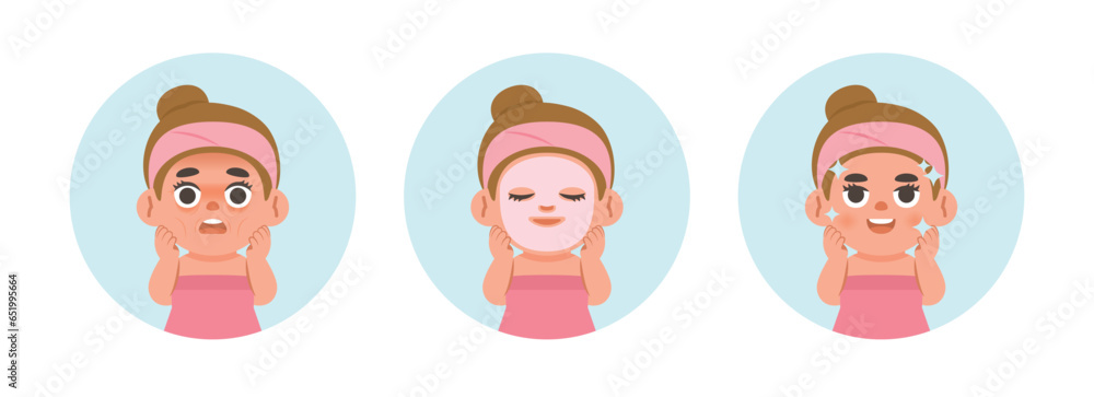 Step of face masking half body white girl illustration cartoon character vector design on white background. beauty concept. Step of face masking half body white girl illustration cartoon character vector design on white background. beauty concept.