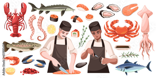 Chefs in sea food restaurant. Cartoon professionals in uniform, men cutting salmon and open oysters, cooking process. Marine and oceanic delicacies, fish and mollusk tidy vector isolated set
