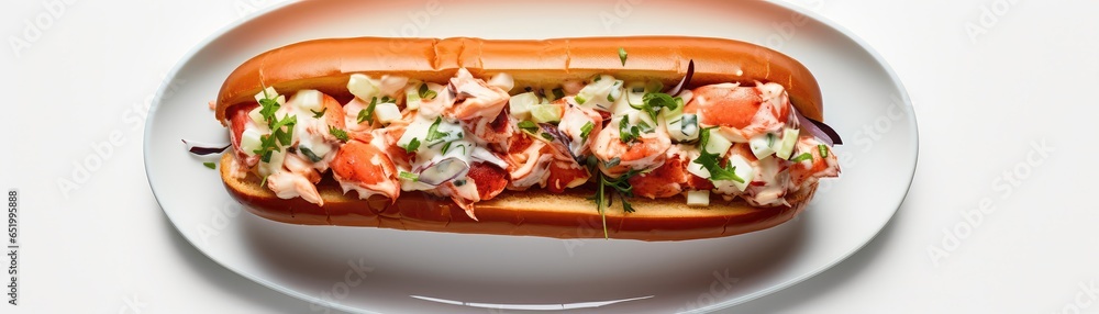 Lobster Roll Canadian Dish On Plate On White Background Directly Above View Panoramic Banner