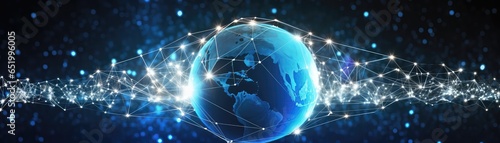 Futuristic Blockchain Technology With World Globe And Polygon Network Panoramic Banner