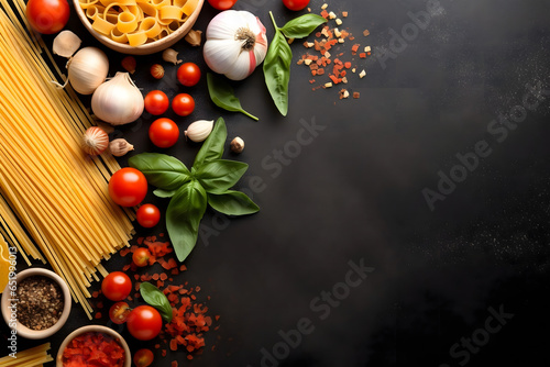 Top-down view of traditional Italian dish with spaghetti ingredients and blank area for text, ingredients for cooking