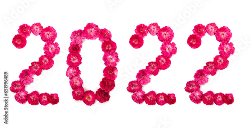 Inscription 2022 from fresh pink and red rose flowers. Happy New Year.	