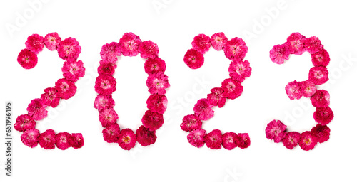 Inscription 2023 from fresh pink and red rose flowers. Happy New Year.	