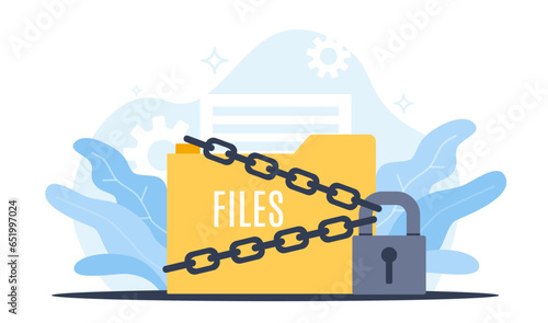 Concept of protecting personal files, privacy file folder and lock. Confidential information protection. Cyber technology. Important documents guarding vector cartoon flat isolated illustration