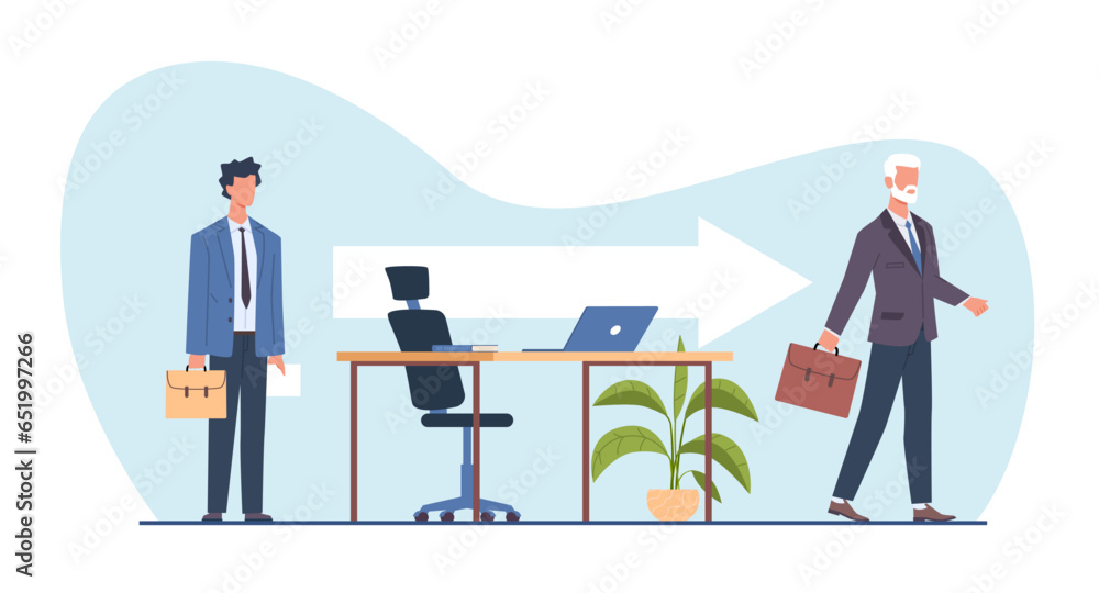 Fototapeta premium Concept of replacement of employees due to retirement or dismissal. Job rotation in people management. Human resources department. Recruit new employee. Vector cartoon flat isolated illustration