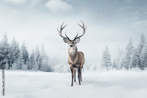 A deer stands in front of a snow covered field in a winter forest. © Fokasu Art